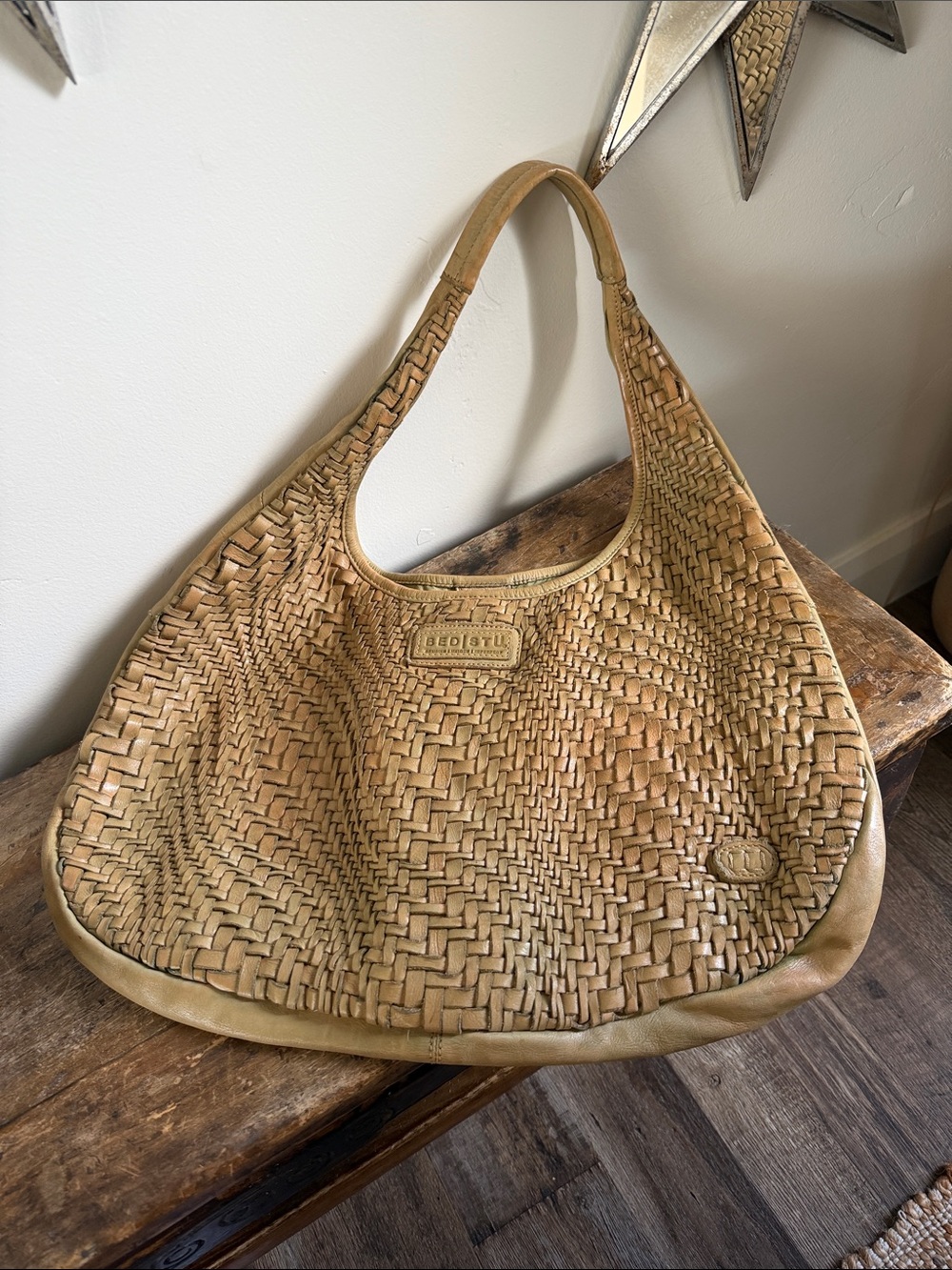 Bed Stu Large Leather Woven Tan Shoulder Bag